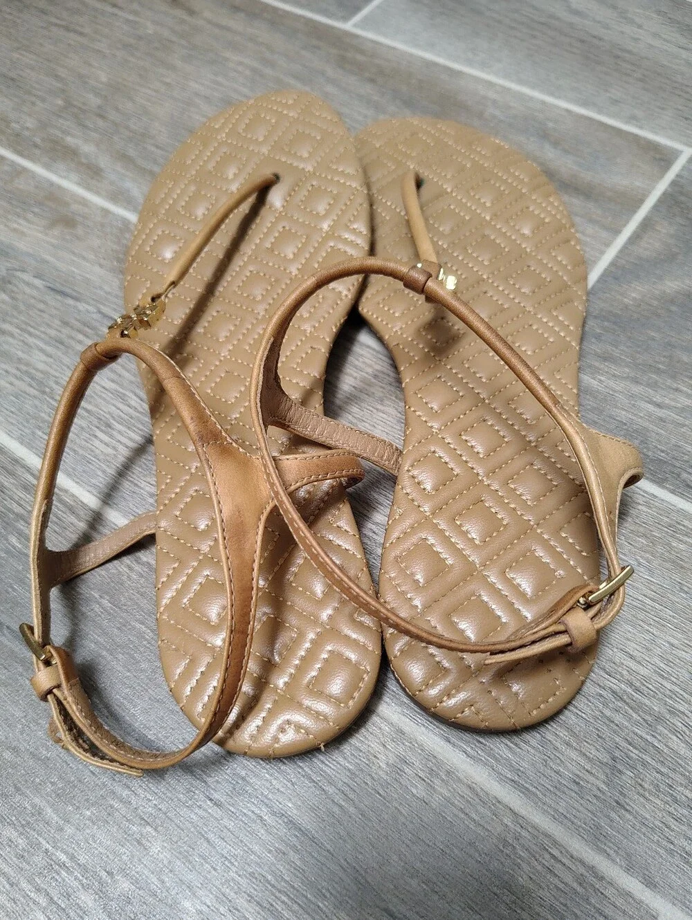 Tory Burch Quilted Tan T-Strap Sandals